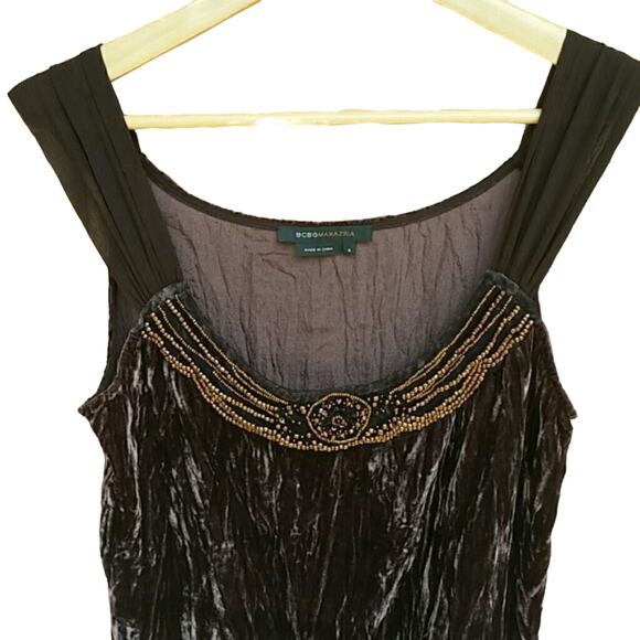 Y2K BCBGMaxAzria Crushed Velvet Top Sz M Brown Beaded Camisole Boho Festival VNT - Picture 3 of 16